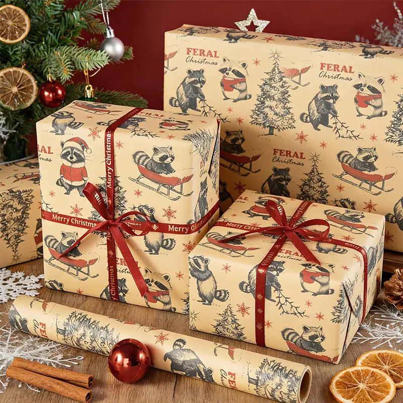 Vintage Kraft Paper Background Christmas Gift Wrapping Roll (1 Roll, 58*23 in) - Not Easy to Tear, Large Size Raccoon Animal Print Wrap for Xmas Presents, Festive Party Decor