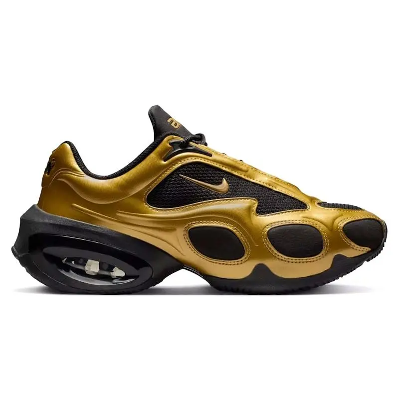 Nike Air Max Muse Metallic Gold Black Women's Sneakers – Premium Lifestyle Shoes Featuring Bold Metallic Gold Accents, Sleek Black Colorway, Air Cushioning Technology, Elevated Platform Design, Lightweight Comfort, Durable Rubber Outsole, Modern Fashion