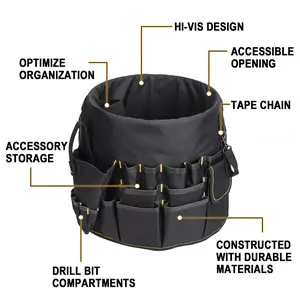 Oxford Fabric Tool Bag Fits 30cm Diameter Bucket, Heavy Duty Tool Organizer with Multiple Pockets & Loops for Storage, Black Tool Tote for Workshop Garage Construction (Bucket Not Included), Portable Tool Bag, Tool Pouch