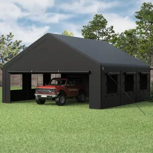 MNLR Heavy-Duty Carport Canopy (20'x20', 12'x20') - Outdoor Portable Garage with PE Cover, Side-Opening Door, Roll-Up Windows, 4-Hole Base, Ventilated Black Frame for Summer Garden Use