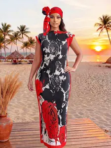 Women's Floral Print Rose Robe Set, Casual Long Dress & Scarf Headband, Beach Sun Protection Satin Shawl, All Seasons Fashion, Chic, Beachwear, Beach Cover Up