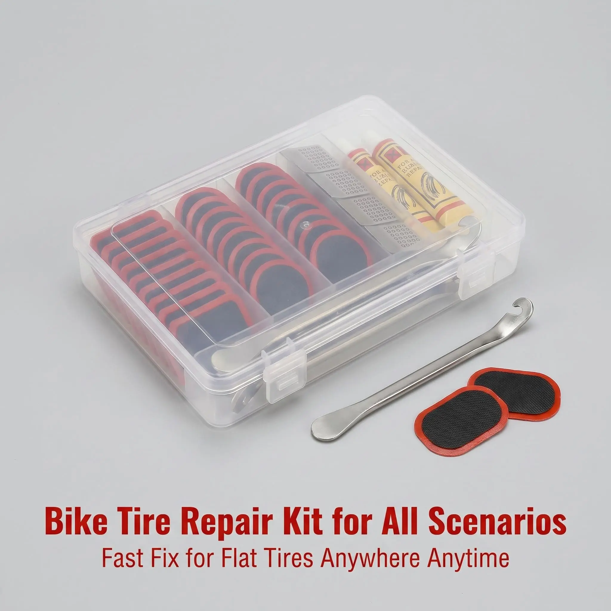 Portable Bike Tire Emergency Repair Kit, Universal Flat Tire Fix Tool Set with Rubber Glue, Tire Levers & Repair Patches for Road Mountain E-Bike Motorcycle