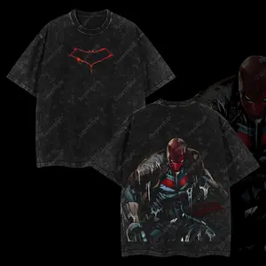 Superstyle Red Hood "Jason Todd" Robin Of The Dark Knight Hero verse Edition Double Printed Oversize Lightweight Acid Washed Tee TV Series Graphic Design Top Cotton Streetwear Comic Superheroes T-Shirt Clothes Menswear Womenswear Black Crewneck