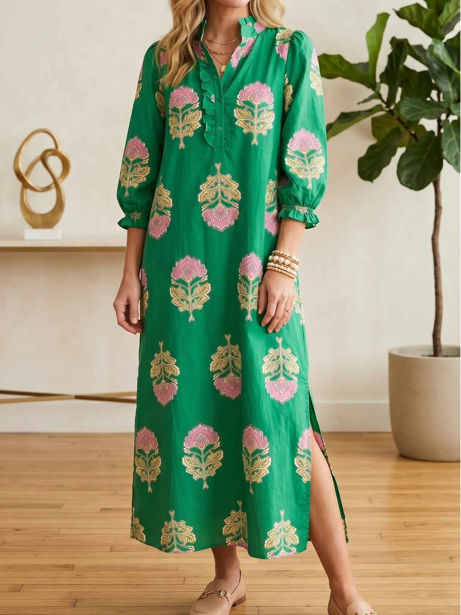 Women's Chic Emerald Petal Print Fabric Midi Dress - Ruffle Collar, Belted, Straight Silhouette, Modest Outfits for Summer Beach Resort, Drape, Statement Pair with Vintage Turquoise Lantern Earrings & Necklace