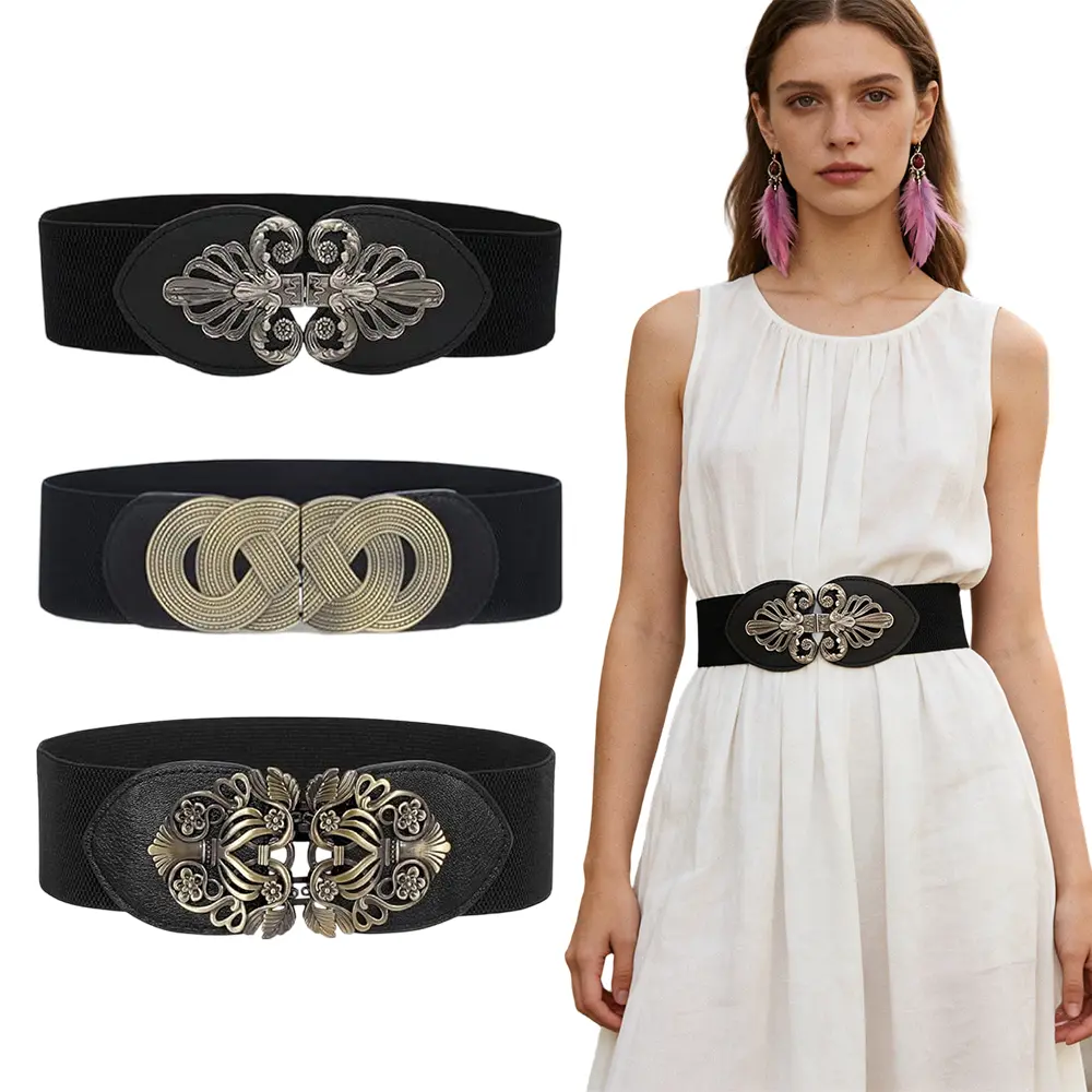 Women's 3-Pack Vintage Belts, Wide Elastic Stretch Waistband with Adjustable Fit for Dresses, Tunics, Formal & Casual Wear