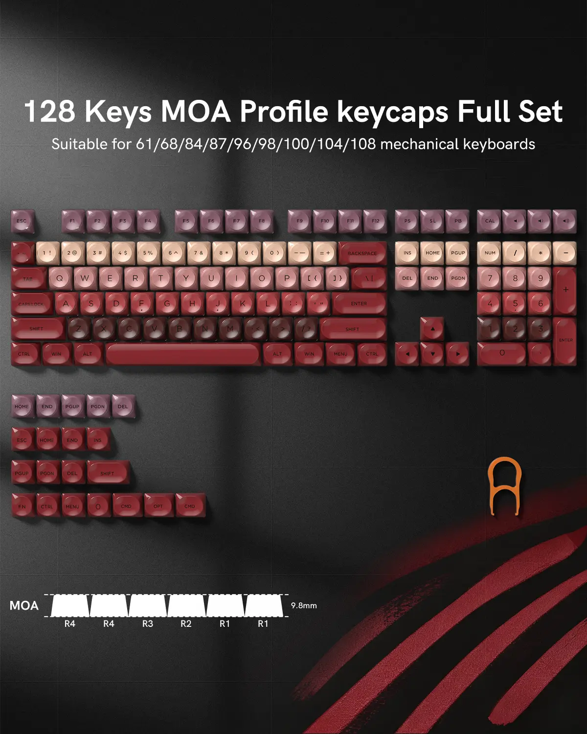 Womier PBT Keycaps Full Set, Glossy Red Lipstick Jelly MOA Profile, 128-Keys Elegant Cute Custom Keycaps for 61/68/84/87 Keyboards