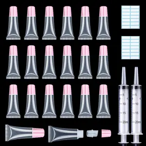 50pcs Lip Gloss Tubes 5ml Pink Cap Containers Empty Balm Squeeze Lipgloss + 2 X 20ml Tag Labels For Diy Base Glitter