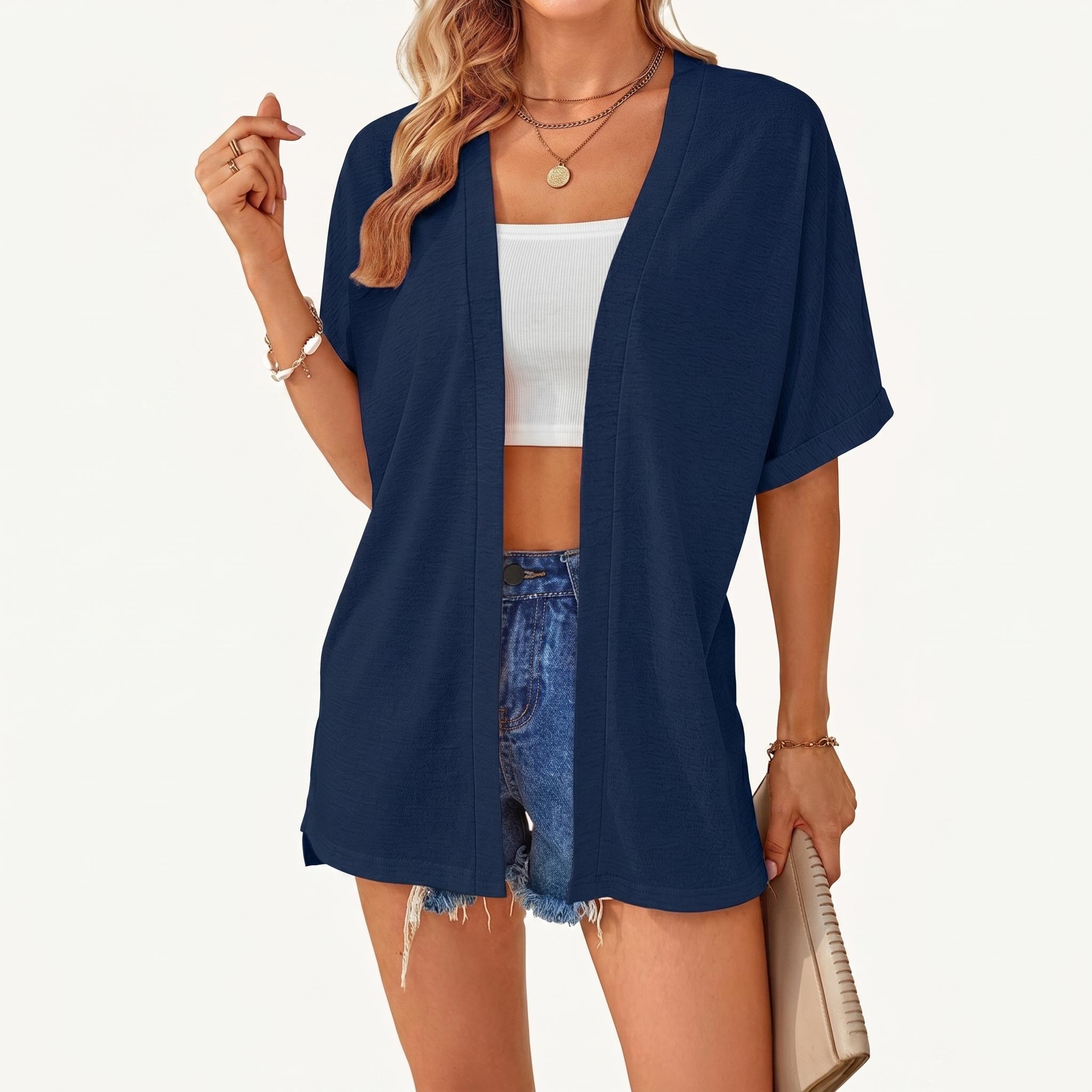 Women's Lightweight Short Sleeve Cardigan Open Front Oversized Summer Beach Cover Up Casual Loose Tops