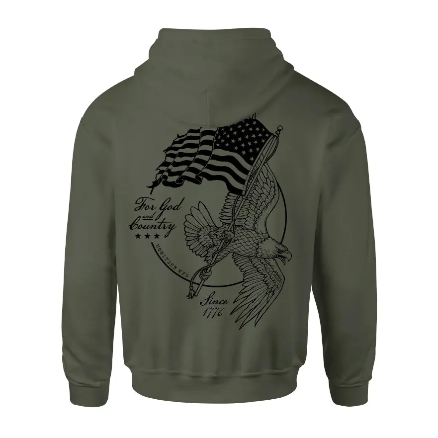 Howitzer Men's God and Country Graphic Print Pullover Hoodie - Ultra-Soft Cotton Fleece Long Sleeve, Patriotic Christian Streetwear with Flag Drawing & Hand-Drawn Art, Casual Menswear for American Independence Day