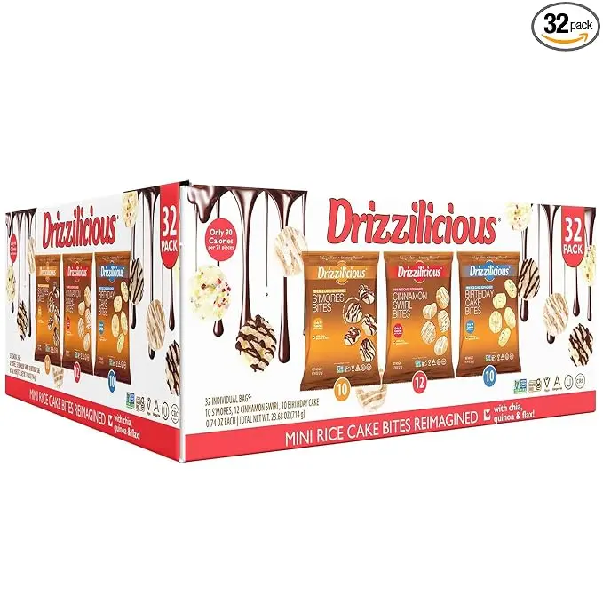 🔥 HOT SALE 51% OFF  Drizzilicious Mini Rice Cakes Variety Pack - Rice Crisps, Healthy Snack for Adults and Kids, Flavored Rice Cakes, Vegan, Gluten Free, Allergen Free, Only 90 Calories Per Bag - .74 oz (Pack of 32)