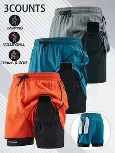 Men's Summer Thin Sport Pants, Essential Dual-Layer Training Shorts, Gym Two-In-One Running Shorts, Geometric Pattern, Fitted Style, Side Pocket Shorts