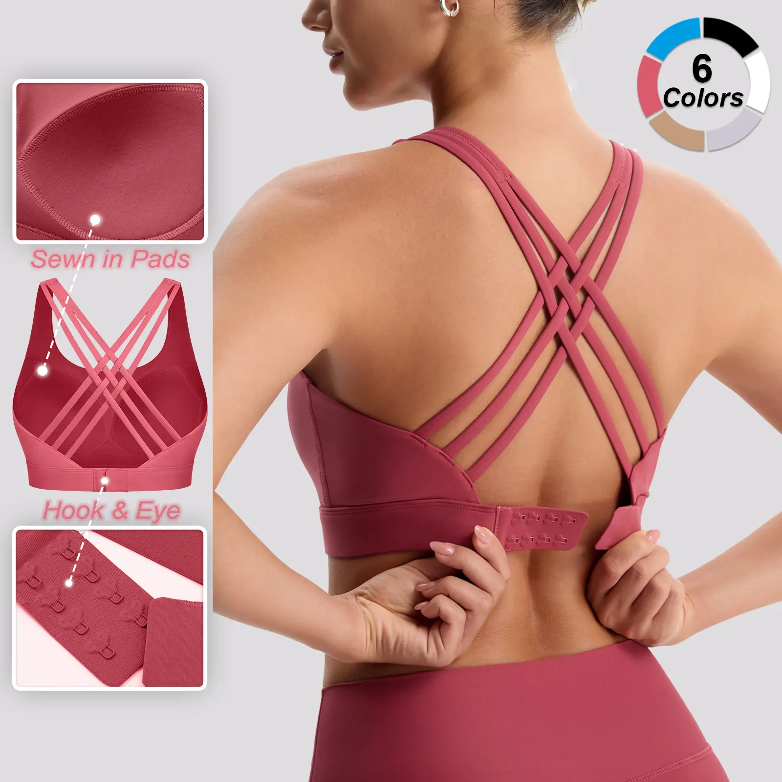 ZORWEA Women's High Impact Sports Bras with Sewn-in Pads,4 Row Adjustable Hook-eye Closure,Soft and Comfortable Non-removable Molded Cups,Crisscross Strappy Workout Tops for Yoga Running Fitness Clothes Athletic Fitted