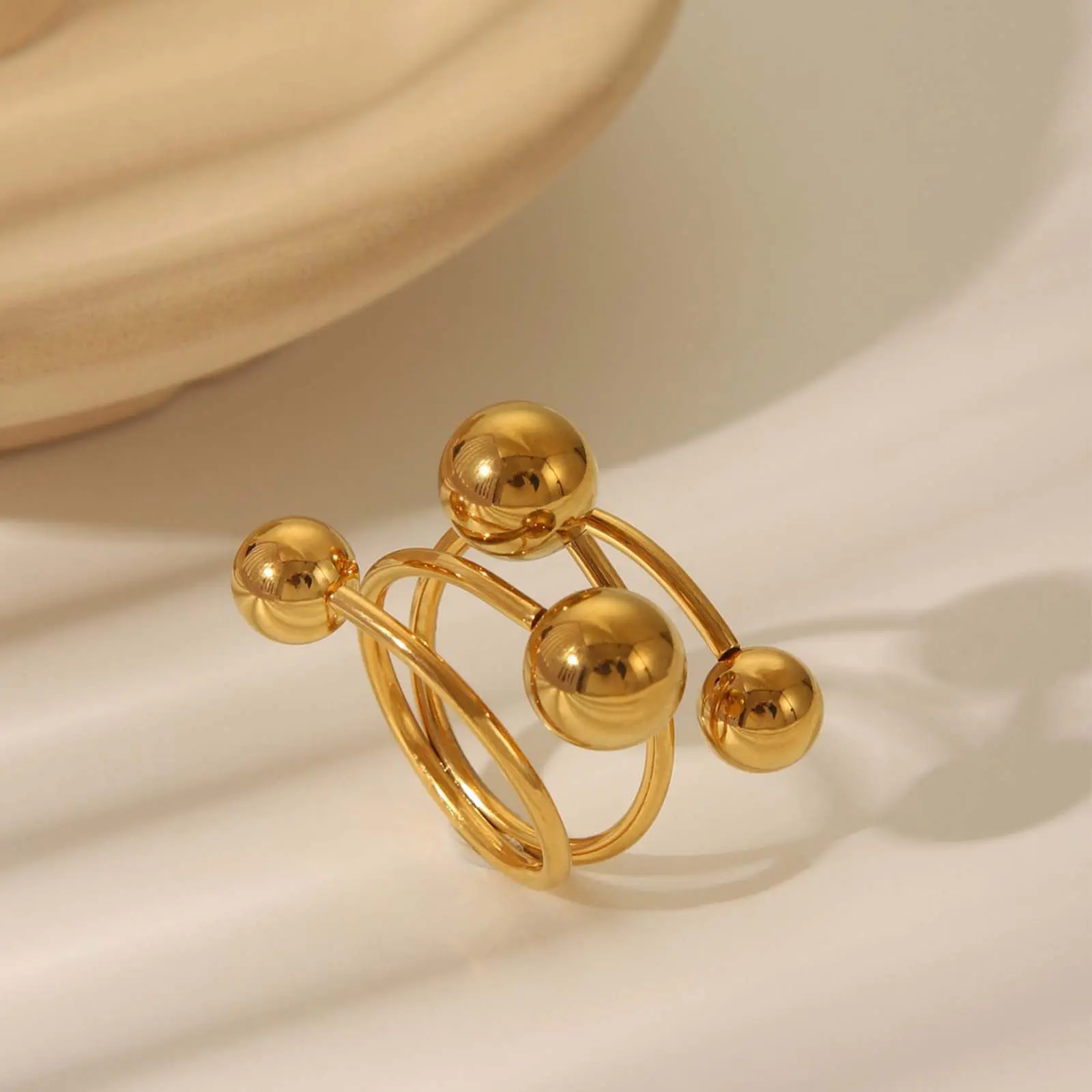 Modern Geometric 3-Ball Stackable Ring for Women, Golden Non-Tarnish Stainless Steel, Adjustable 1 Size Band, Stackable Rings, Stackable Finger Rings, Female