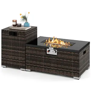 COSTWAY - 2-Piece Outdoor Rattan Fire Table Set 32 Inch Rectangle Gas Firepit with Tank Cover-Brown