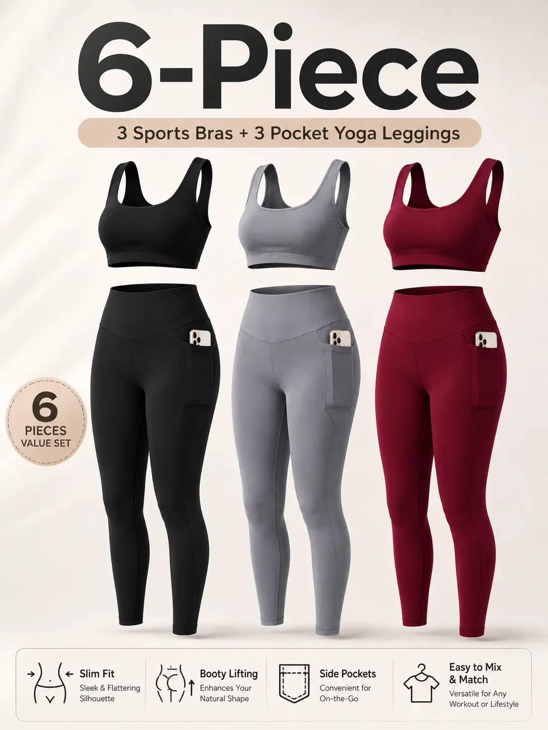 OKP Women's 6-Piece Workout Sets - Matching Sports Tops + High-Waist Pocket Leggings, Moisture-Wicking Yoga Gym Activewear tiktokshopbacktoschool, Gym Sets, Women's Matching Sets