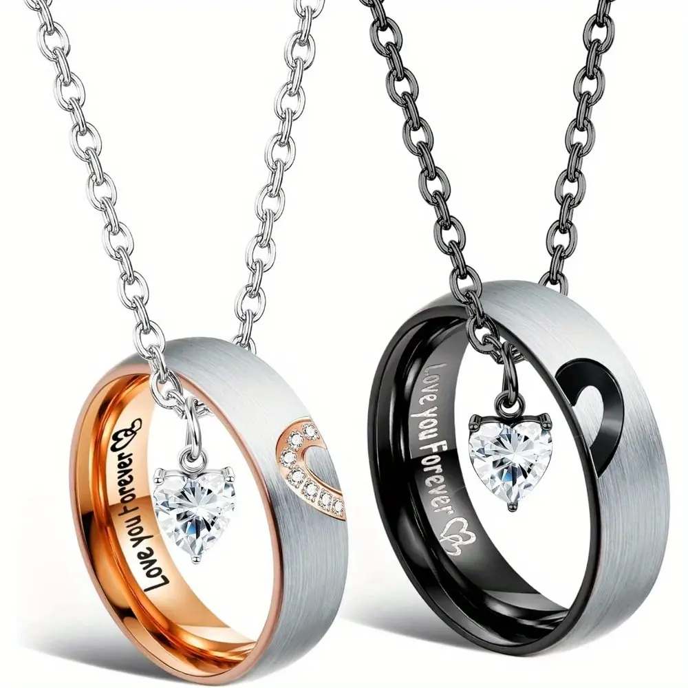 Matching Necklaces For Couples Pendant Necklace For Women Men Matching Promise Rings Pendant Set Stainless Steel Couple Necklace For Him And Her Anniversary Valentine'S Day Jewelry Gift Love You Forever Heart Design,summervibes Modern Fashion Accessories