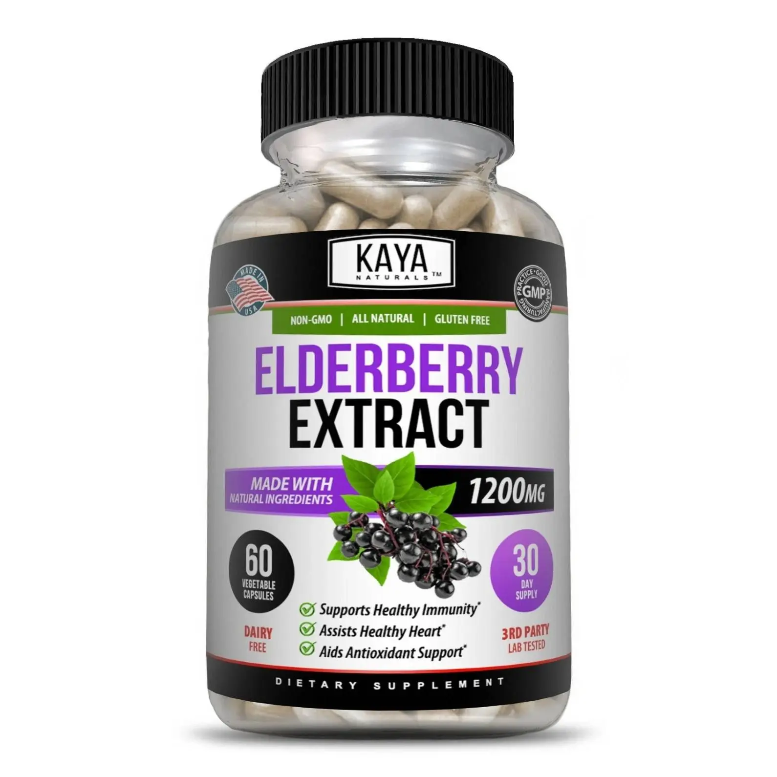 Sambucus Black Elderberry 1200mg 60ct Daily Immune Support and Antioxidants