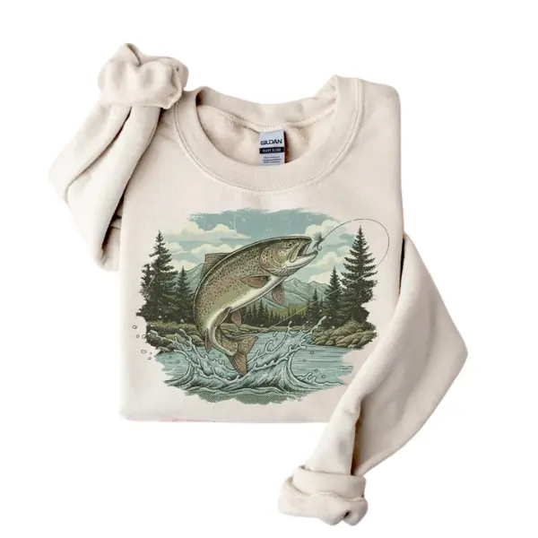 Retro Wilderness Fish 90s Hoodie, Boho Fishing Long Sleeve Round Neck Fitted Cotton Crewneck Pullover, Outdoor Hiking Fisherman Gift, Unisex S-3XL All Seasons Menswear Streetwear Top