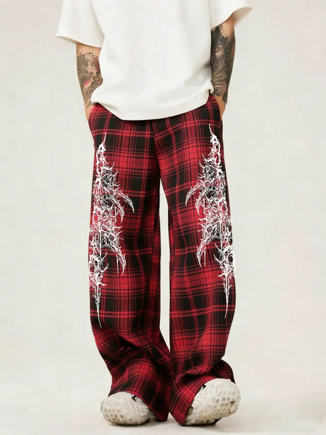 Fashion Street Style Dark Print Design Men's Plaid Long Pants, Casual Loose-Fitting Straight-Leg Trousers for Spring & Fall