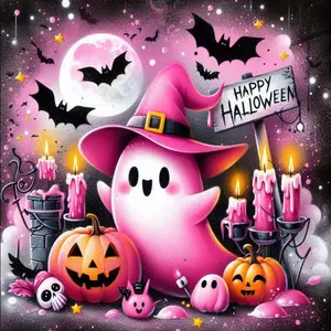 5D DIY Full Drill Round Diamond Painting - Diamond Art Kit Pink Ghost Mosaic, Canvas - DIY Decorative Painting, Crafts, Home Wall Decor, Perfect for Valentine's Day, Halloween, Christmas, Birthdays, and Anniversary Gifts.