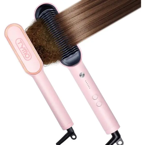 TYMO Ring Hair Straightener Brush – Hair Straightening Iron with Built-in Comb, 20s Fast Heating & 5 Temp Settings & Anti-Scald, Perfect for Professional Salon at Home, Sakura Pink