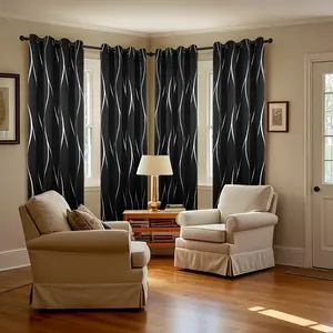 4 Pack Vertical Wave Gold Foil Blackout Curtain Set, delicate stereo wave texture with luxury look, thickened fabric for strong light blocking, heat insulation and privacy protection, perfect modern decor for indoor home window use