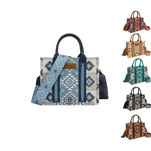 Wrangler Tote Bag for Women Western Shoulder Purses Boho Aztec Satchel Handbags Canvas PU Leather Trim Aztec Retro Print Dual Sided Whipstitch Details