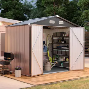 Aoxun 6×4/8x6/10×8/10×12 Shed with Floor Galvanized Steel Outdoor Storage Shed Metal Garden Shed with Double Doors, Moisture-Proof Floor & Ventilation, Sloped Roof for Bike/Generator/Tool Storage (Brown)