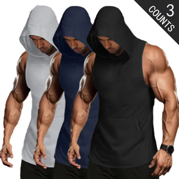 Men’s sports casual hooded tank tops, 3-pack, lightweight polyester fabric, with kangaroo pockets, slightly stretchy regular fit sleeveless tops, suitable for spring/summer running and outdoor activities, casual wear | sporty style | pullover tops