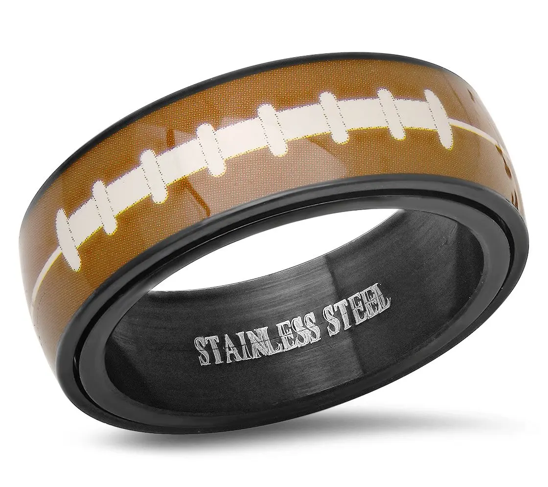 Steel By Design Men's Black IP American Football Spinner Ring