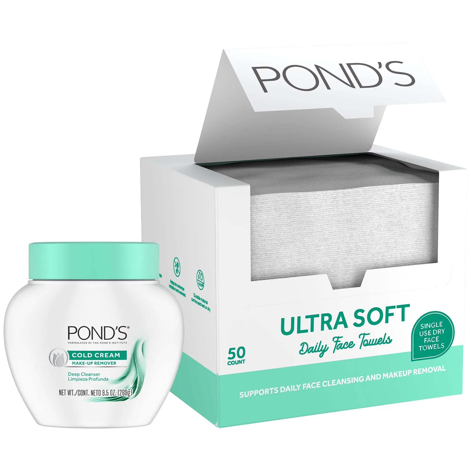 POND'S Makeup Remover Set — XL Biobased Disposable Face Towels (50 Ct) + Iconic Cold Cream Cleanser, 9.5 Oz