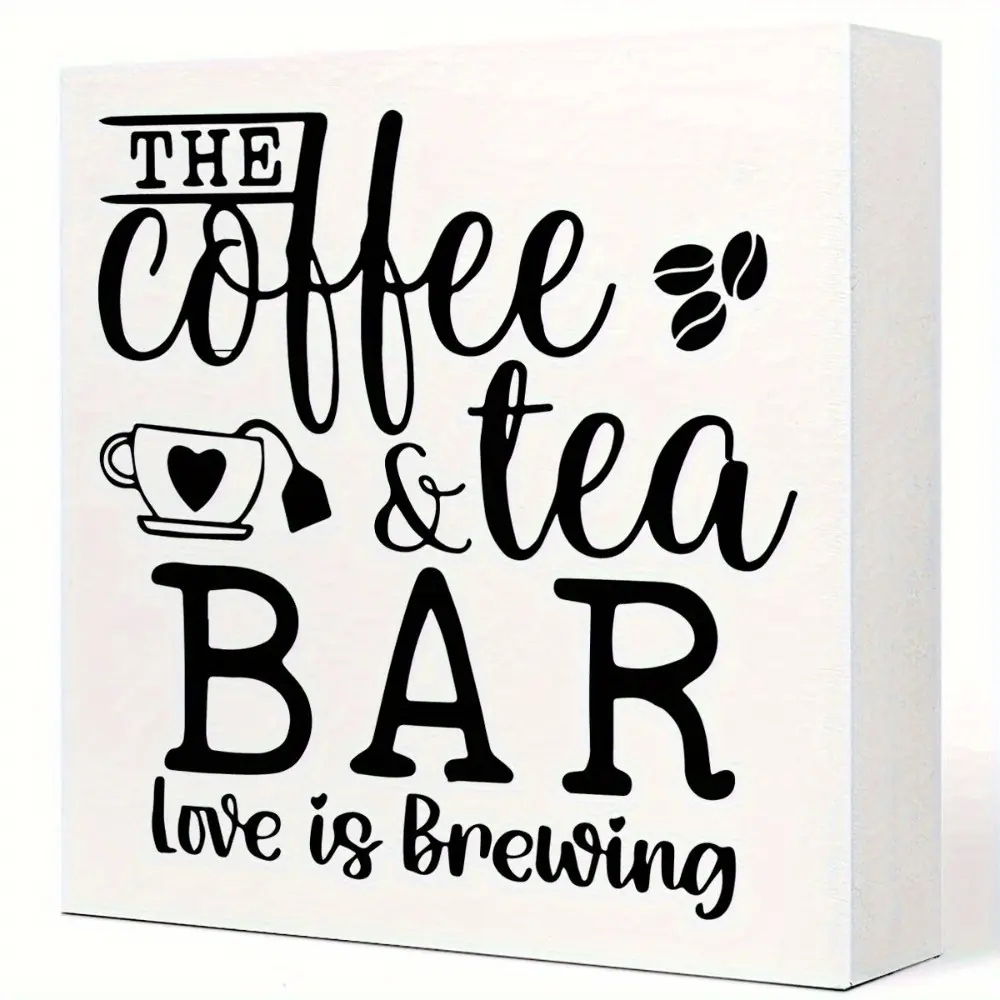Farmhouse Square Wooden Sign Coffee Tea Bar Plaque with Coffee Print Tea Cup Design Kitchen Decor Housewarming Gift
