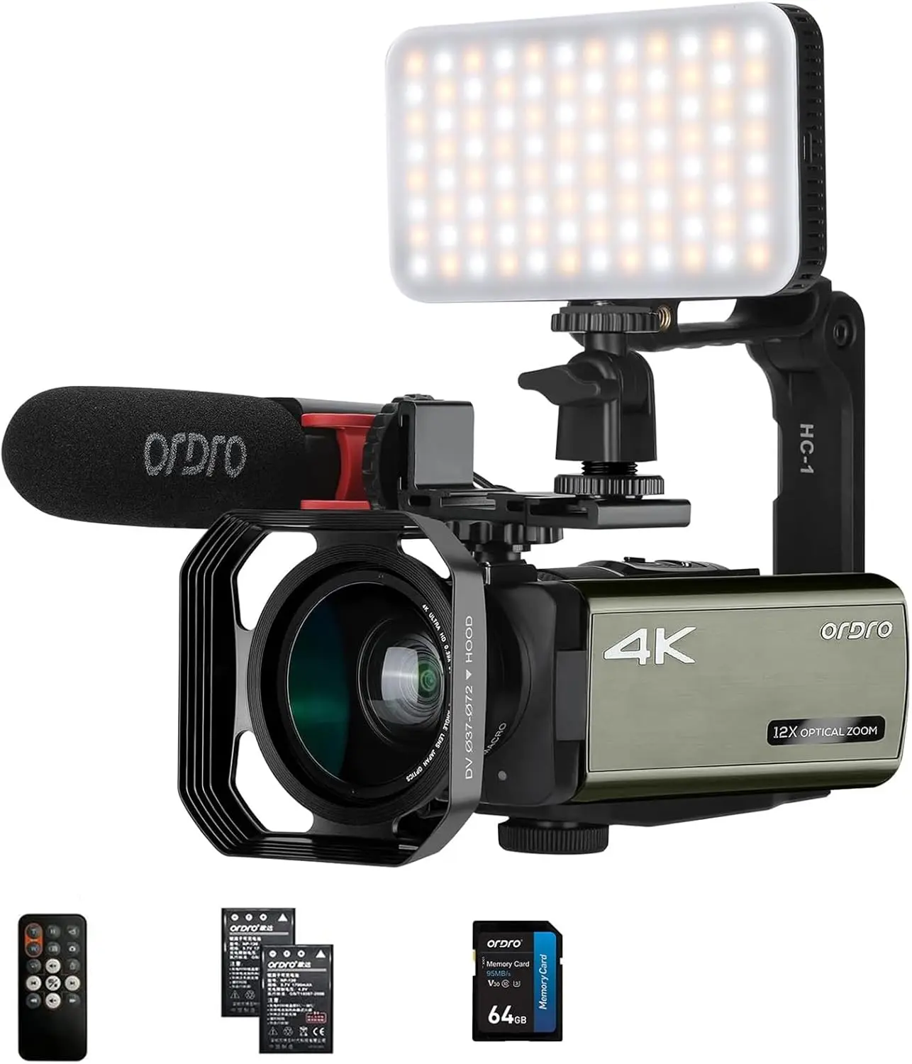 ORDRO Optical Zoom UHD 4K Camcorder Video Camera AX65 Vlogging Camera Touch Screen Vlog Camera with External Microphone, Lens Hood, Stabilizer, LED Light, Wide-Angle Lens Connection Memory Connection Memory Rechargeable Sd Smartphone Photographic Kit
