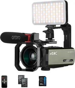 ORDRO Optical Zoom UHD 4K Camcorder Video Camera AX65 Vlogging Camera Touch Screen Vlog Camera with External Microphone, Lens Hood, Stabilizer, LED Light, Wide-Angle Lens Connection Memory Connection Memory Rechargeable Sd Smartphone Photographic Kit