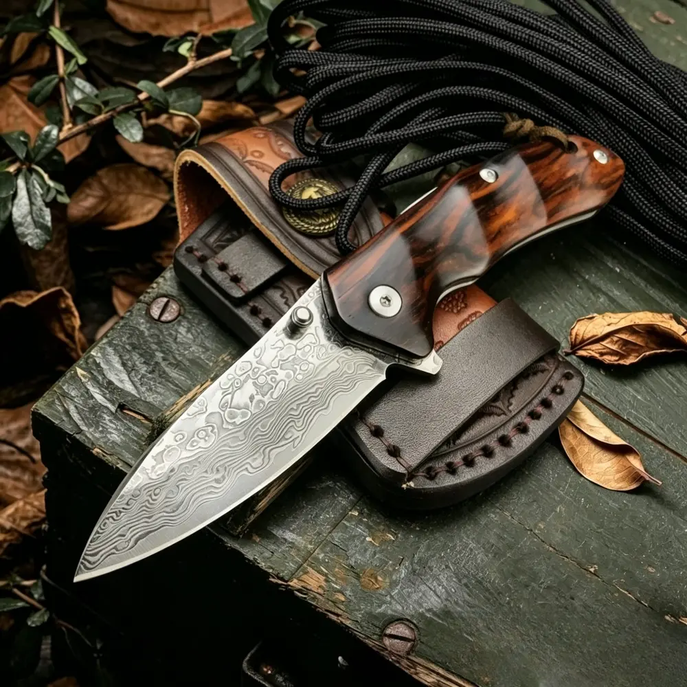 Folding Knife: Damascus Steel Blade with Leather Sheath, Red Sandalwood Handle—A Multi-Purpose Knife for Daily Carry, Outdoor Edc Tools, Outdoor Activities, Survival Gear, Outdoor Survival Edc; Ideal as a Collectible or Gift