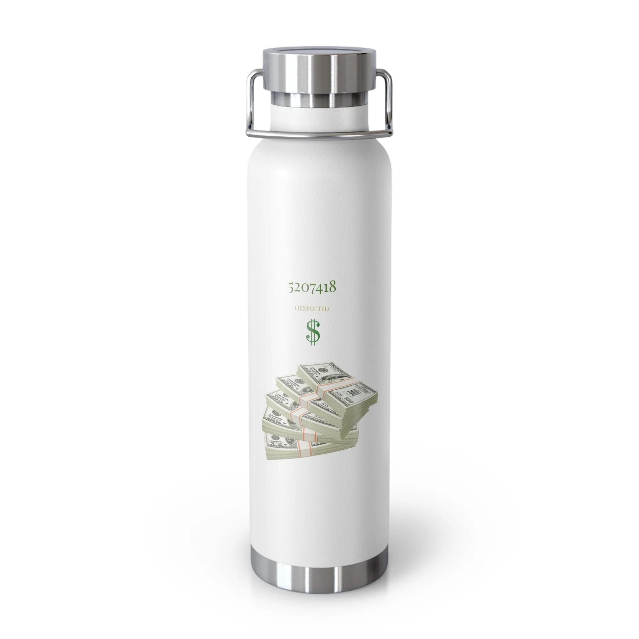 Stack of Money design Water Bottle | 22oz Insulated Copper Vacuum Bottle | Grabovoi Code | Manifestation Cup
