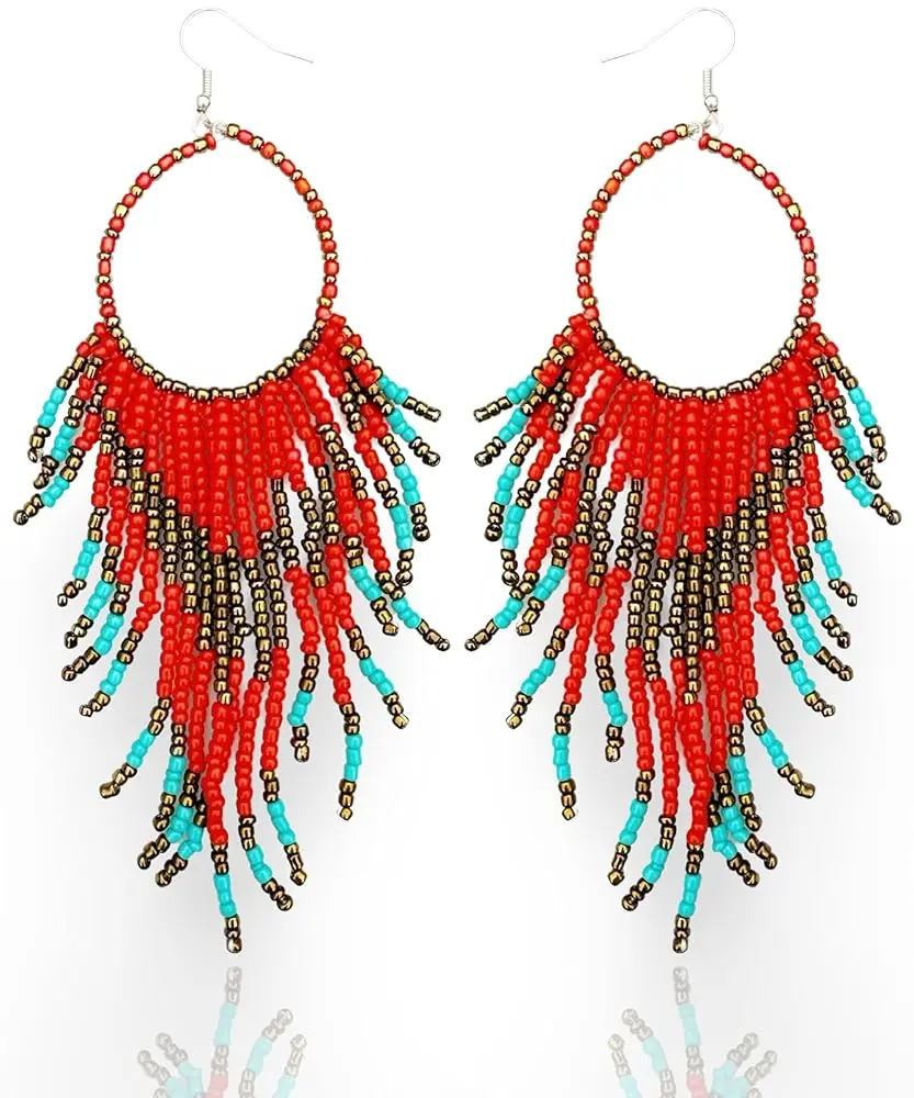 Soul Statement Handmade Boho Earrings for Women, Colorful Red, Gold, Turquoise Beads, Ethnic Dangling Design, Ideal for Concerts & Festivals