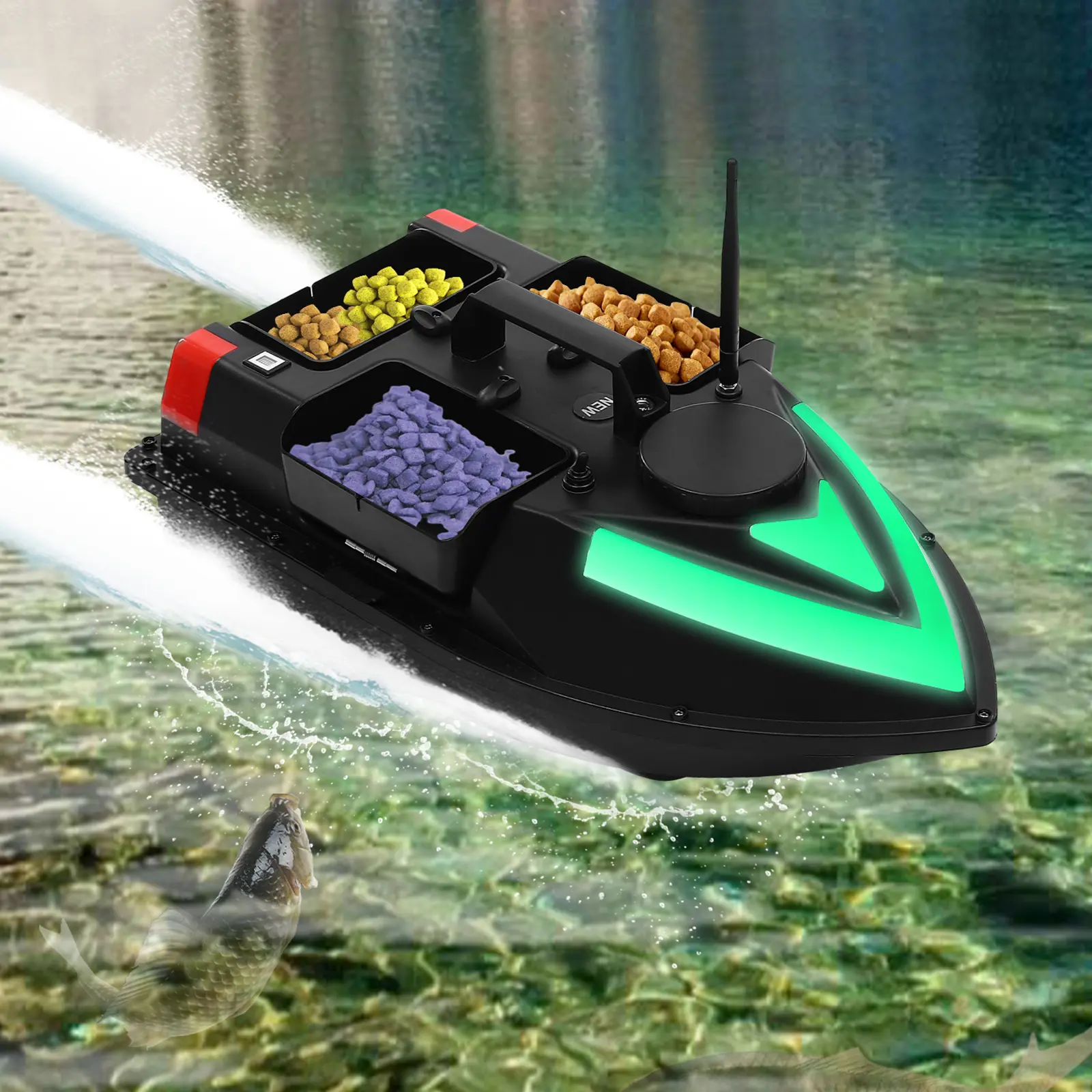 CNCEST Durable ABS Plastic Rechargeable RC Speed Boat - GPS Positioning, Cruise Function, 5200mAh Battery, 1640ft Remote Control Distance, 3 Bait Boxes, LED Light Strip, Streamlined Design, Ideal Gift for RC Boat Enthusiasts