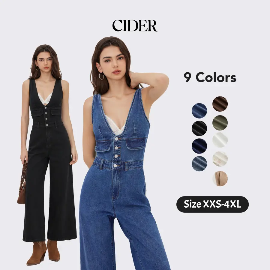 Cider Denim V-neck Button & Pocket Wide Leg Jumpsuit | for Casual to Business Wear