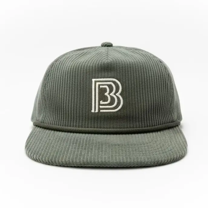 Unisex 5-Panel Corduroy Puff Hat - Classic Logo, Embroidered Graphic, Casual Hat, Green Corduroy Fashion Accessory, Casual Hats, Classic Logo Hats