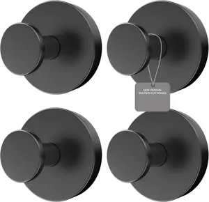 Shower Suction Cup Hooks, Heavy Duty Bathroom Wall Hooks for Towels, Robes, Loofahs, Removable Metal Hook for Tile Glass Mirror, No Drill(4 Pack, Black)