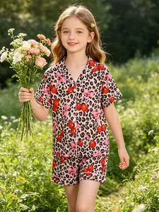 Kids Pajama Set, Fire-Resistant Knit Fabric, Cartoon Fruit Leopard Cherry Bow Design, Short Sleeve Button-Up, All Seasons, Cartoon Print Sleepwear, Cartoon Pattern Pajamas, Sleepwear Pajama Set