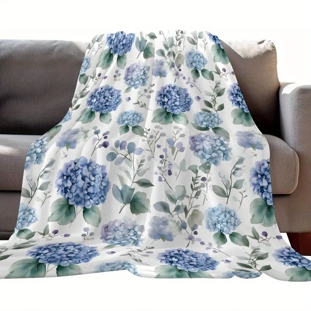 Woven Flannel Throw Blanket - 280GSM, Cozy Blue Hydrangea Single-Sided Print, Retro Vintage Room Decor, Soft Warm Lightweight, Fading-Resistant, Wrinkle-Resistant, Easy-Care Mother's Day Gift for Bedroom Bed Sofa, Cozy Aesthetic