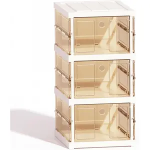 Foldable Collapsible Shoe Box Organizer Rack – 3 Tier Stackable Clear Sneaker Storage Boxes with Lids, Folding Shoe Cabinet Shelf, Plastic Portable Storage Bins with Easy Assembly for Closet Entryway