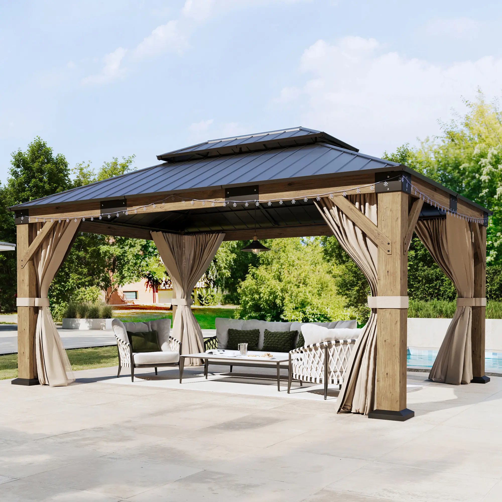 【Ships in Multiple Boxes】AMERLIFE Wood /Hardtop Gazebo Lounge , Hardtop Gazebo with Iron Roof Double Roof, Modern Design Outdoor Gazebo with Wood Frame for Patio, Garage, Lawns, Parties- Ships in 4/5/6 Boxes[tiktokshopbacktoschool][SohoChic]