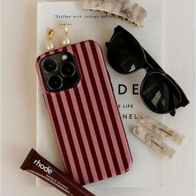 Burgundy & Pink Stripe Smartphone Case - Glossy, Slim, Shock-Resistant Rubber Accessory with Polycarbonate-TPU Shell, Rubber Liner, Shock Dispersion, Wireless Charging Support for Major Brand Phones, Resistance Protection