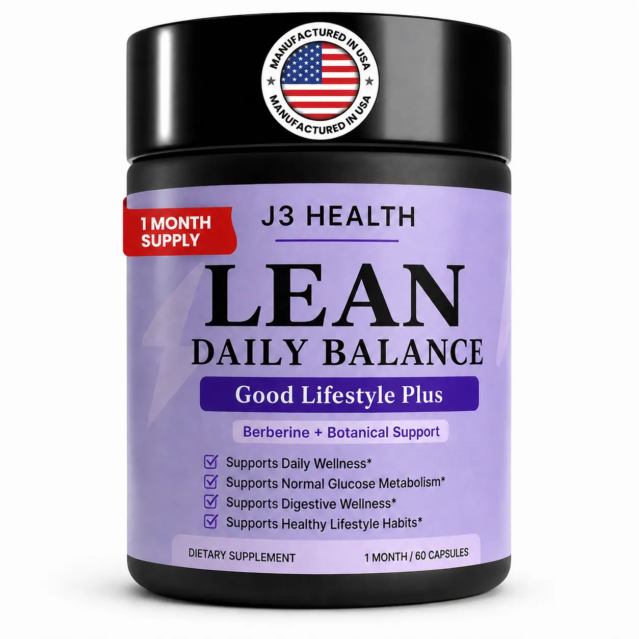 J3 Health LEAN Daily Balance Wellness Botanical Supplement - Botanical Mix, Herbal Blend Glucose Aid with Berberine, Konjac Glucomannan, Gymnema, Ceylon Cinnamon, Saffron, Chromium - 60 Vegetarian Capsules