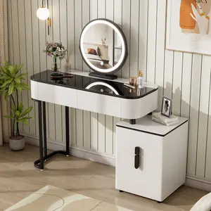 Modern Vanity Table with Tempered Glass Top & Adjustable Height Legs, 39.4" Makeup Desk with Storage Cabinet & Round Mirror, White and Black for Bedroom & Small Spaces