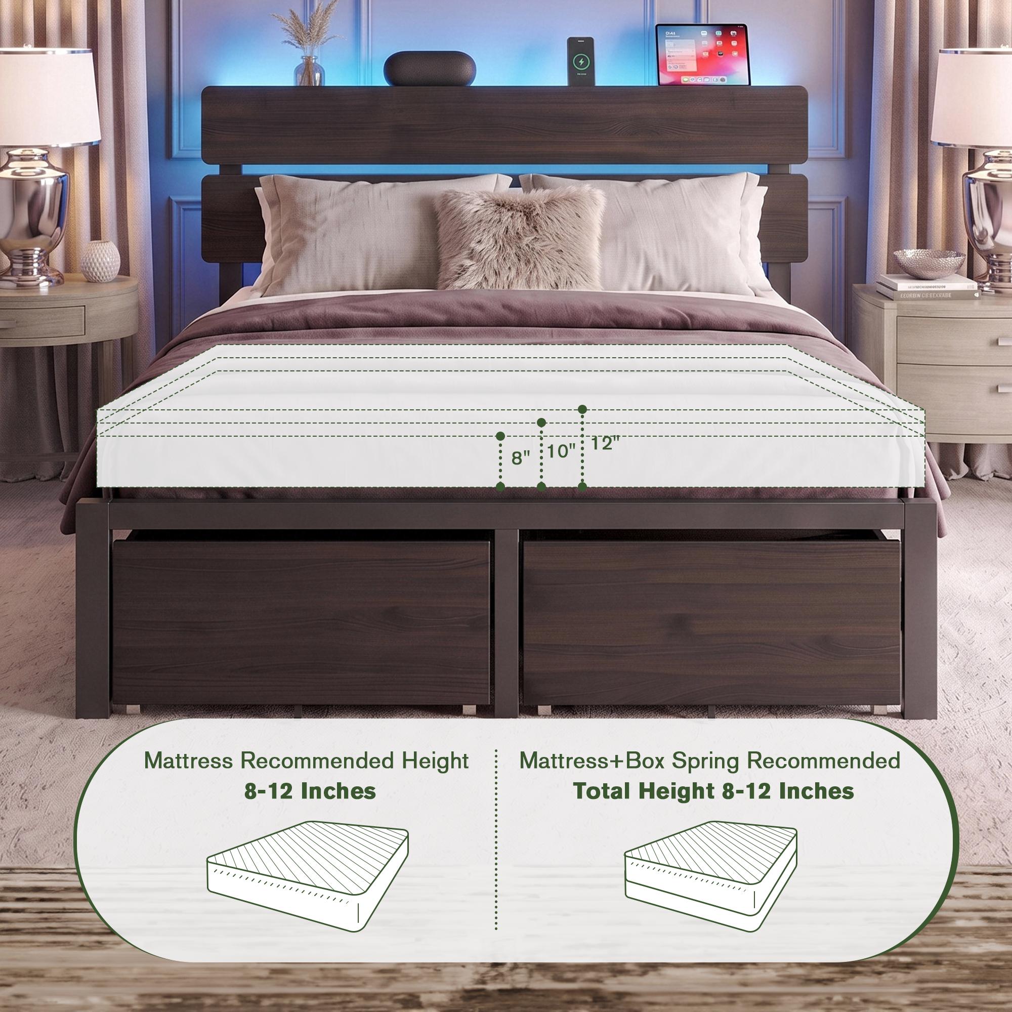MUTICOR LED Bed Frame with 2 Fabric Storage Drawers, Charging Station & MDF Storage Headboard, Steel Slat Platform Bed with Underbed Storage, No Box Spring Needed