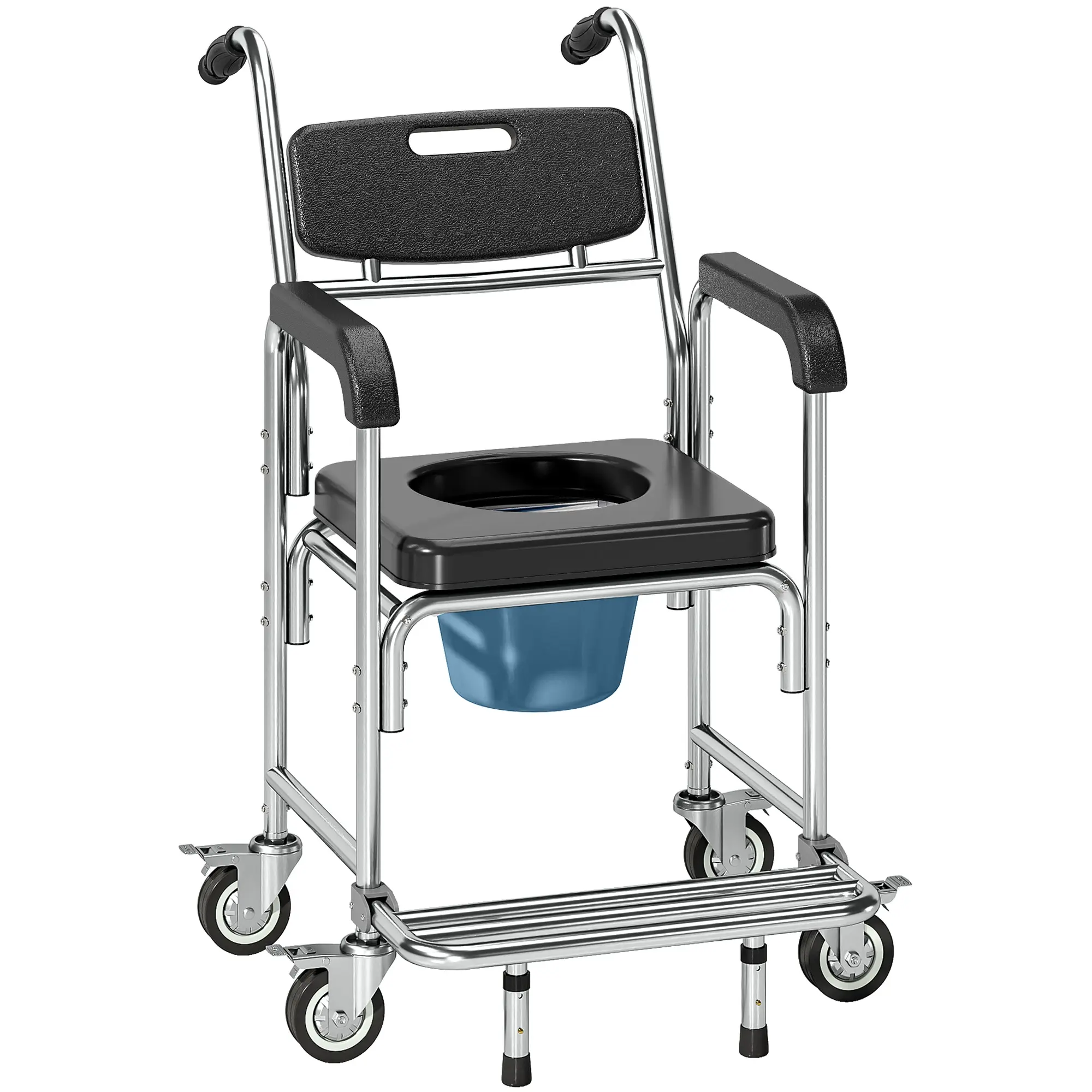 Three in one rolling shower commode wheelchair padded cushion seat waterproof lockable wheel foldable footrest detachable sealed bucket for bedroom bathroom indoor transfer daily elderly disabled care